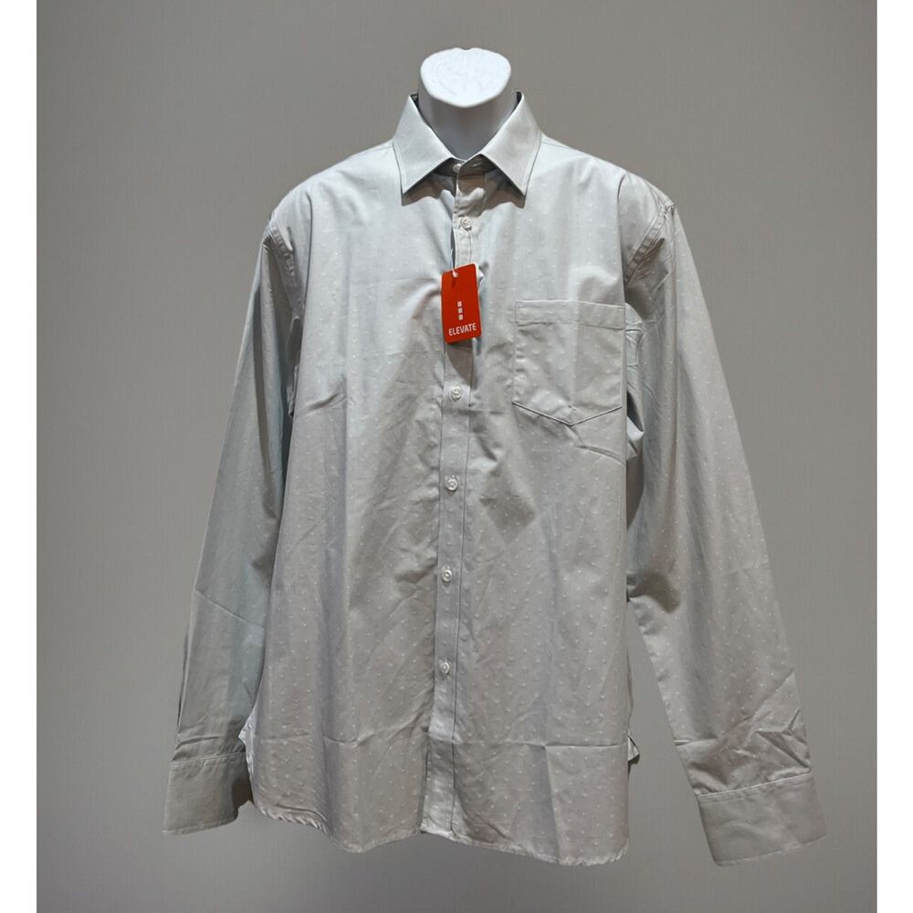 New Elevate Men's L Long Roll Tab Sleeves Top Button Down Collared Light Gray
